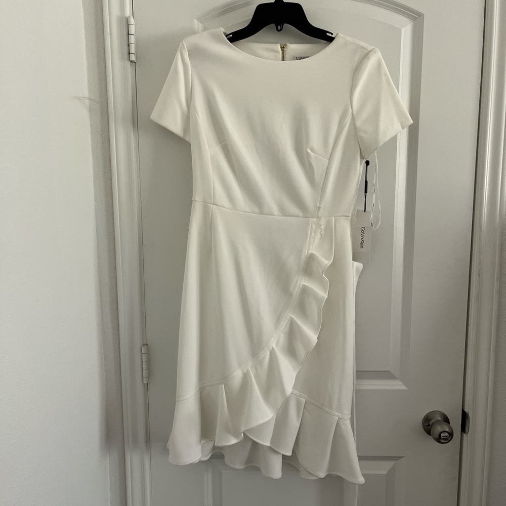 Calvin Klein Asymmetrical Ruffled Sheath Dress White